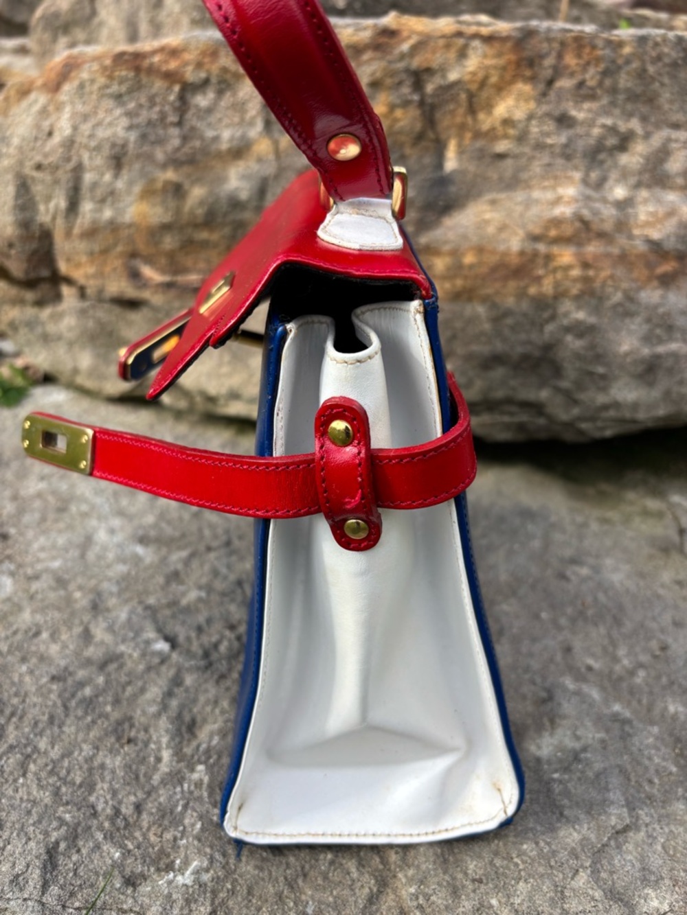 VINTAGE/ Never Used/ ITALY Classic Red White and Blue Leather Top-Handle bag.OBO - Picture 6 of 14